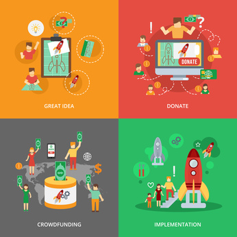 Crowdfunding design concept set with great idea donate implementation flat icons isolated vector illustration